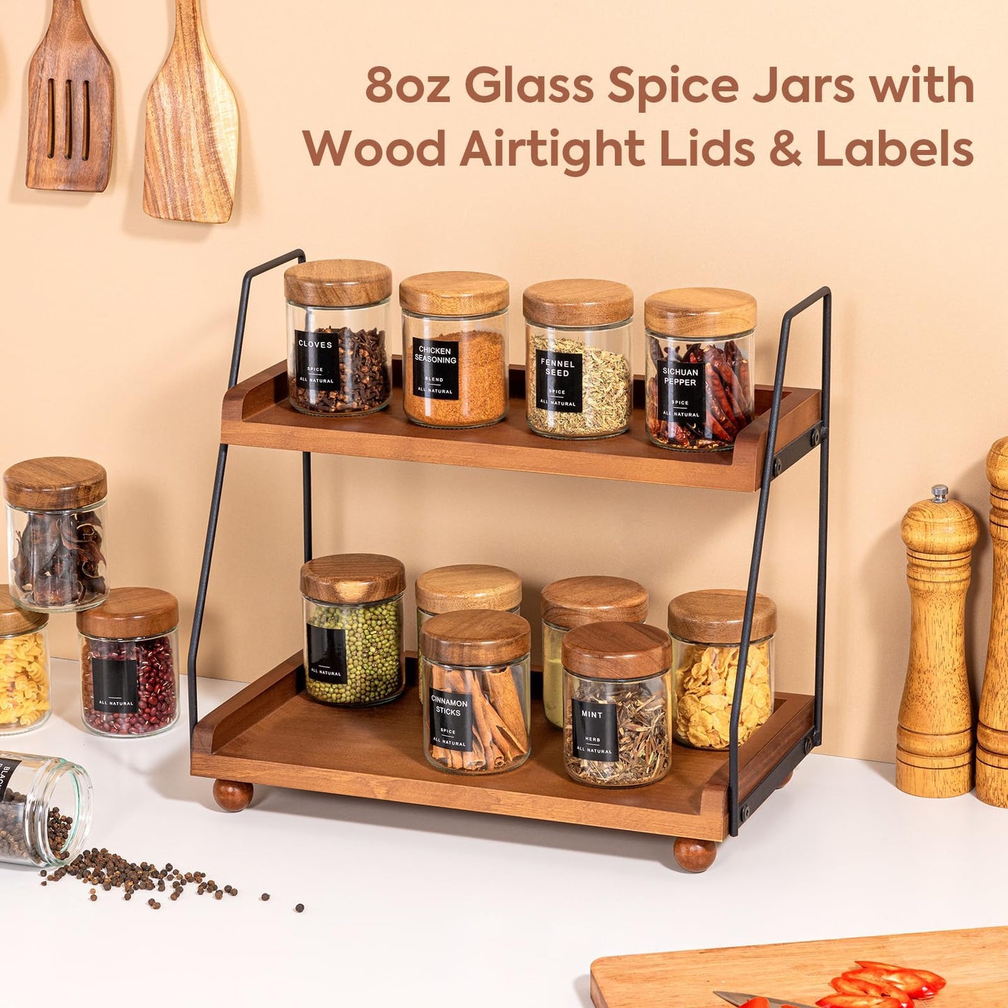 Yangbaga Glass Spice Jars with Labels: 12pc 8oz Round Seasoning Storage Containers with lid,Pepper Grinder,Funnel; Empty Spice Organizer Bottles for Kitchen Rack Drawer Cabinet