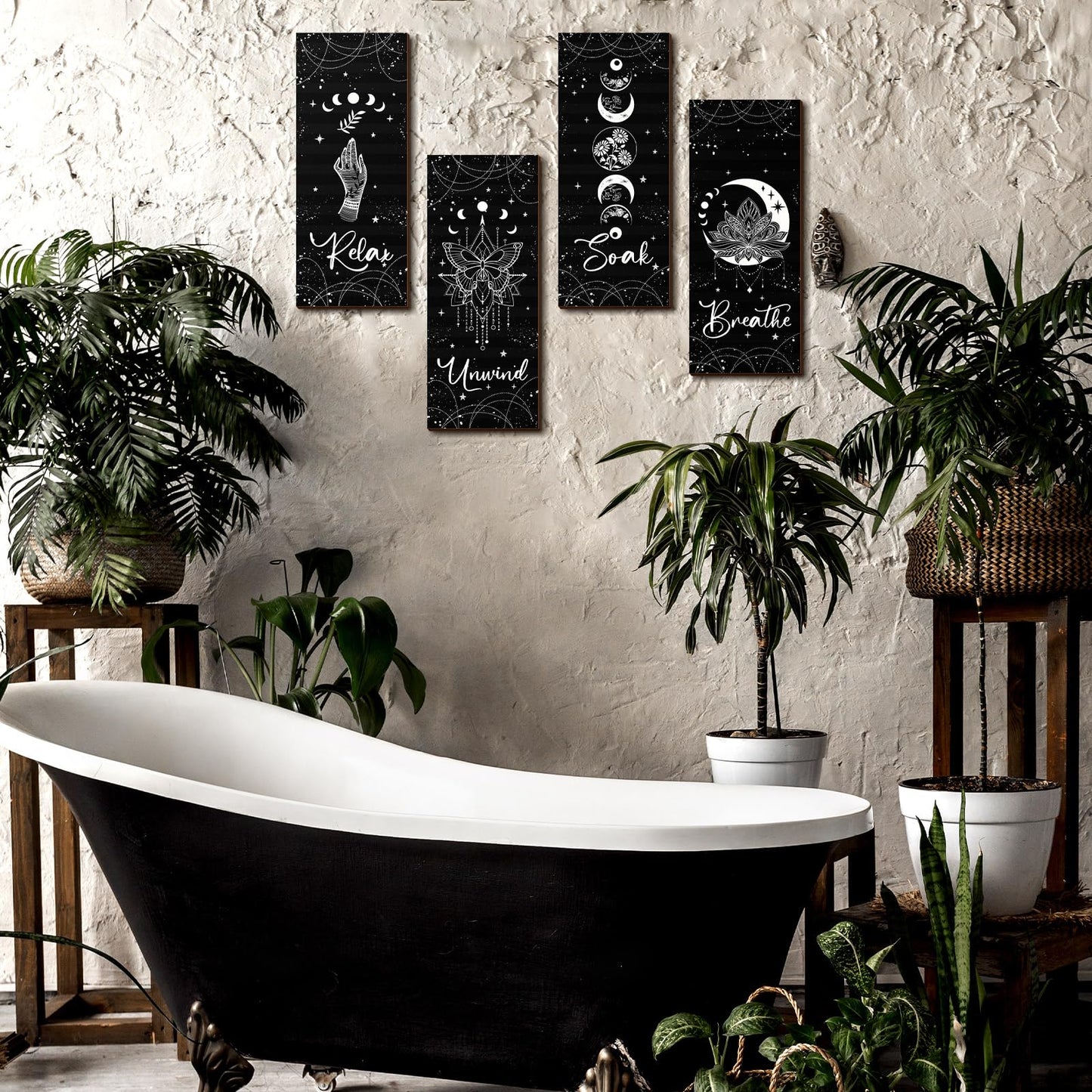 Qunclay 4 Pcs Moon Phase Wall Decor Rustic Boho Wall Art Gothic Witchy Hanging Wooden Ornament Farmhouse Moon Sign for Bedroom Living Room Home Decorations(Black,White)