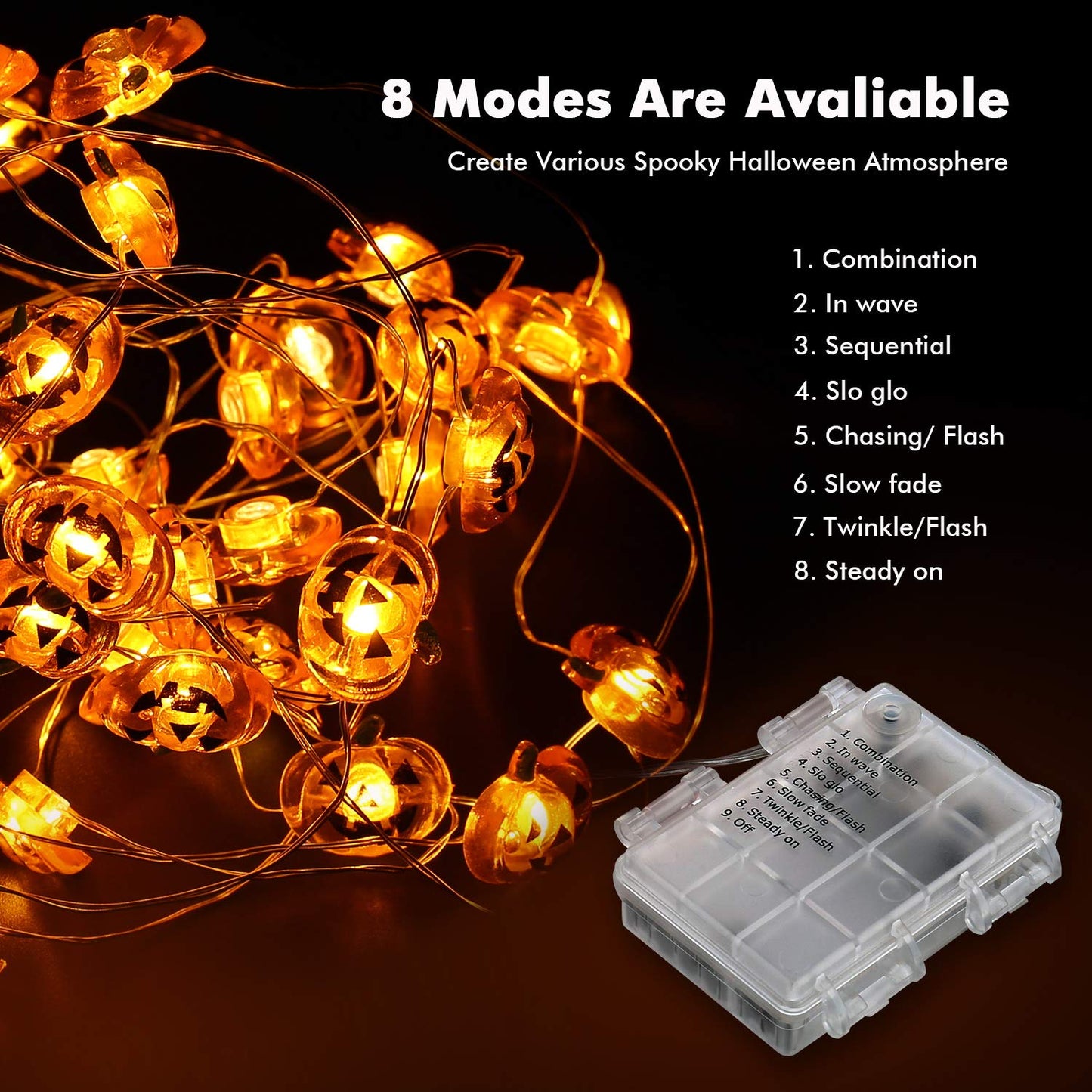 Brizled Pumpkin Halloween String Lights - 40 LED, 13.12ft, 8 Modes with Remote & Timer, Flexible Copper Wire Jack-O-Lantern Lights for Warm White Halloween Party Decorations