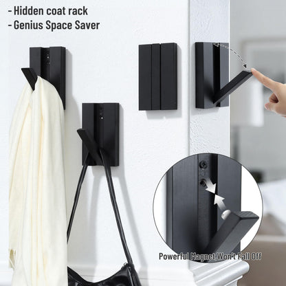 KYIAANY Folding Wall Hooks 2Pack: Black Modern Wooden Coat Hooks Mount for Heavy Duty Hanging Towels Backpack Bags Hats, Space Saving Minimalist Decorative Entryway Hanger for Aesthetic Homeowner