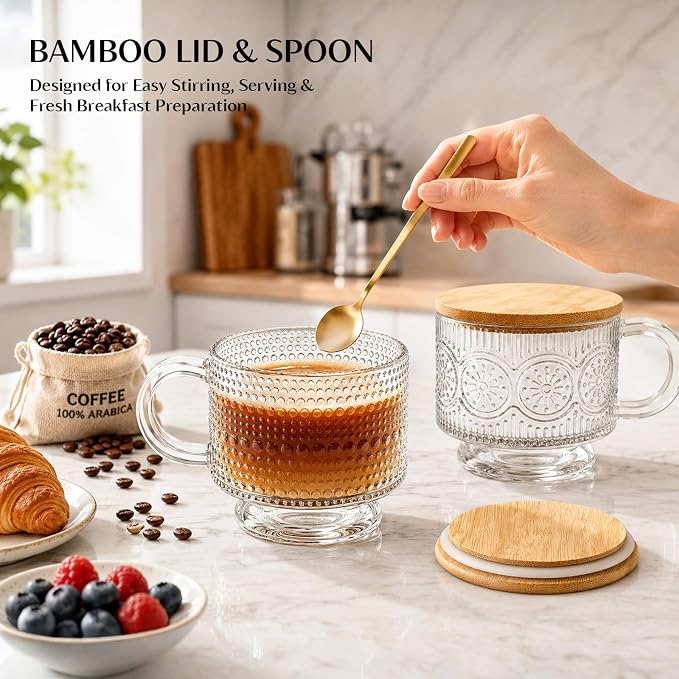 INSETLAN Vintage Glass Coffee Mugs 14 oz Set of 4, Embossed Overnight Oats Containers with Bamboo Lids and Spoons, Glass Coffee Cups for Tea, Cappuccino, Latte, Cereal and Yogurt, Gifts for Women