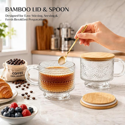INSETLAN Vintage Glass Coffee Mugs 14 oz Set of 2, Embossed Overnight Oats Containers with Bamboo Lids and Spoons, Glass Coffee Cups for Tea, Cappuccino, Latte, Cereal and Yogurt, Gifts for Women