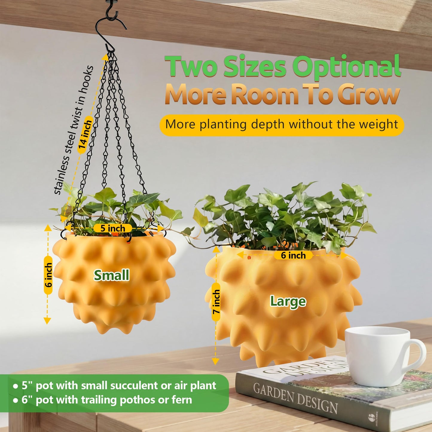 Enhon 6 Inch Hanging Planters for Indoor Plants, Unique Hanging Pots for Plants with Drainage and Hanger Baskets Hangers, Spiked Orb Plant Hanger, Matte Mustard Yellow