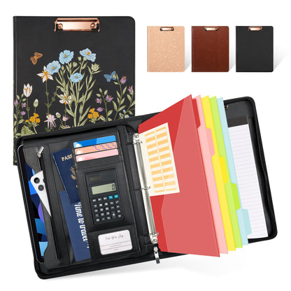 Ospelelf Leather Portfolio Folder with Zipper - 3 Ring Binder with Clipbard - Calculator, 12.1” Tablet Sleeve, 5 Dividers with 10 Pockets, Refillable Notepad, Card Holder (Bushes)