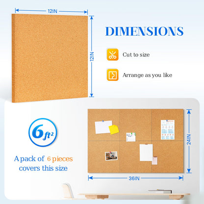 DOLLAR BOSS Cork Board Tiles, 6 Packs 12" x 12" 1/2" Thick Cork Bulletin Board Self Adhesive Corkboards for Walls with 60 Pushpins for Home Office Kitchen School Decor Display