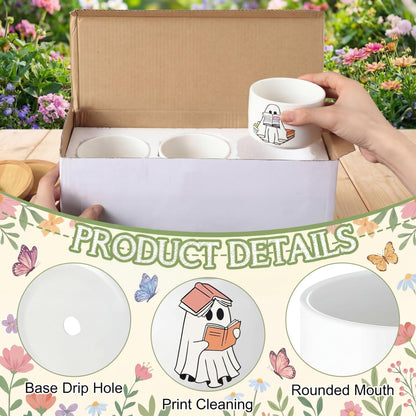 Mimorou 3 Pcs Book Lover Gifts, Cute Ghost Reading Succulent Planters with Bamboo Trays, Small Ceramic Plant Pots for Indoor Plants, Bookish Gifts for Readers, Teachers, Book Lover Desk Decor