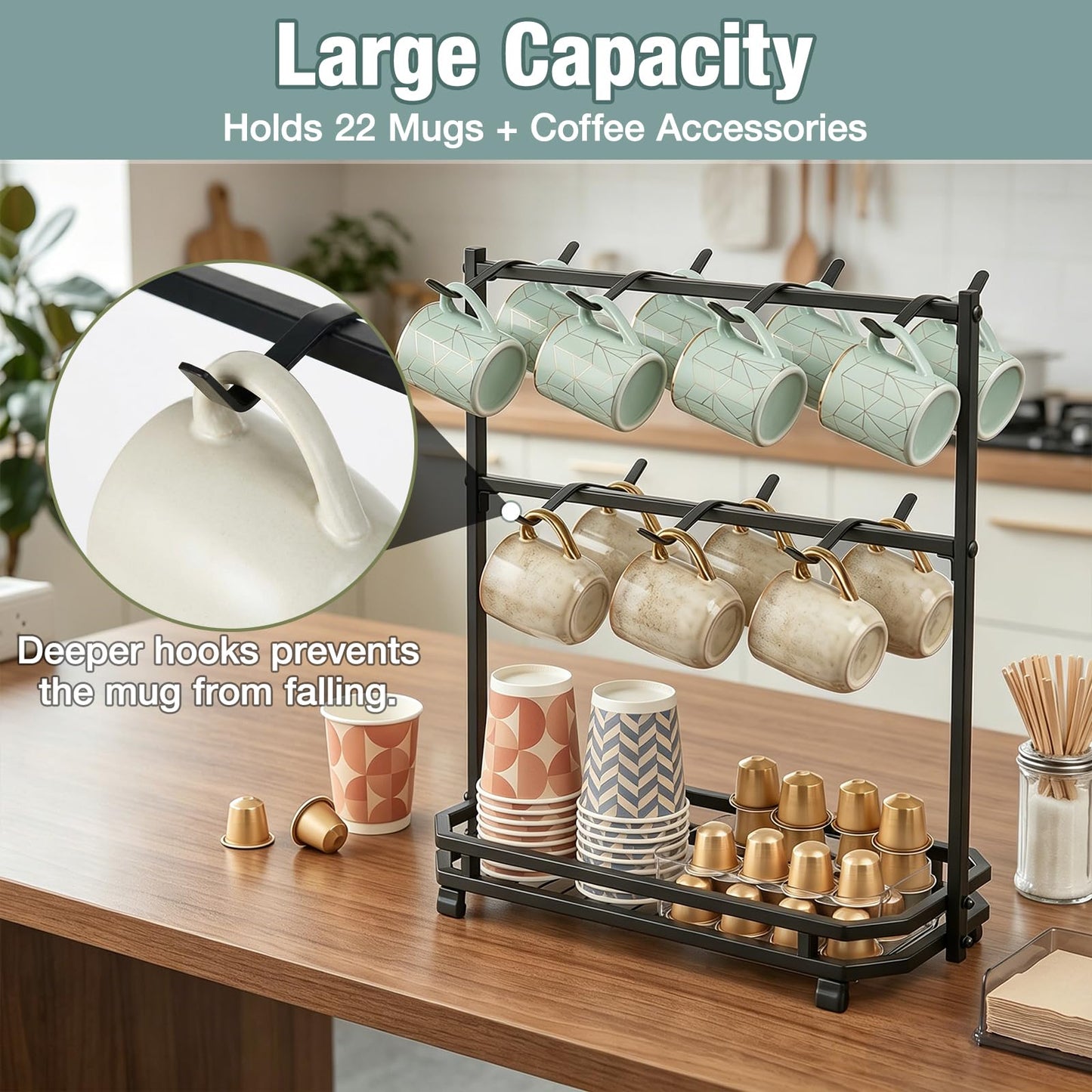 Samhe Coffee Mug Holder for Countertop, Coffee Cup Holder Rack with 14 Hooks, Metal Mug Tree Stand with Storage Base for K Cup Coffee Pod Paper Cups Tea Bag - Black