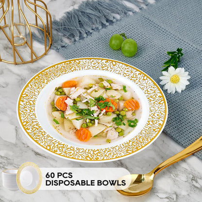 JOLLY PARTY 60 Disposable Gold Plastic Dessert Bowls, 12 oz Soup Bowls, Lace Christmas Thanksgiving Trim, Premium Heavy Duty Plastic Bowl for Wedding/Party (Gold)