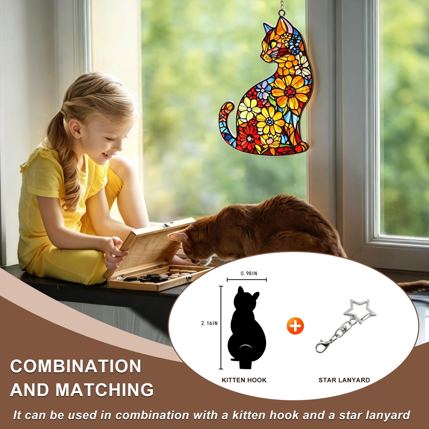 Black Cat Stained Glass Suncatcher with Cat‑Shaped Hook & Star Chain, Real Glass Window Hanging Decor, Fade‑Resistant UV Printed, Ideal Gift for Mom Women & Pet Lovers