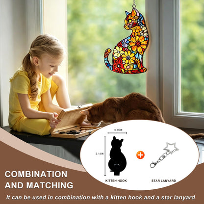 Black Cat Stained Glass Suncatcher with Cat‑Shaped Hook & Star Chain, Real Glass Window Hanging Decor, Fade‑Resistant UV Printed, Ideal Gift for Mom Women & Pet Lovers