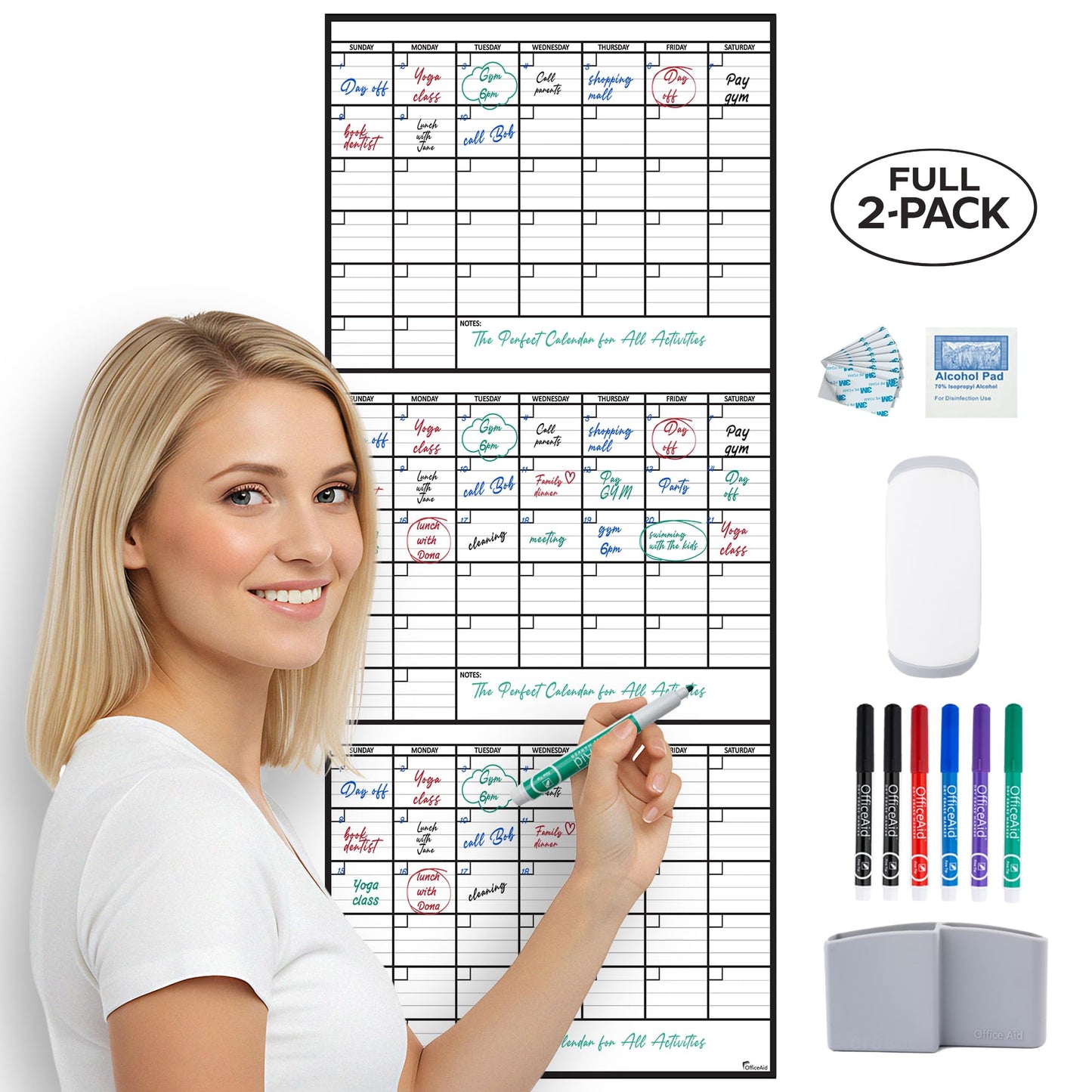 (2 PK) 3 Month Dry Erase Calendar for Wall 40x17, Family Office Large Reusable Big, Monthly Giant Dry Erase Planner, Rolled Whiteboard White Board, Classroom Calendar for Undated Wall Erasable