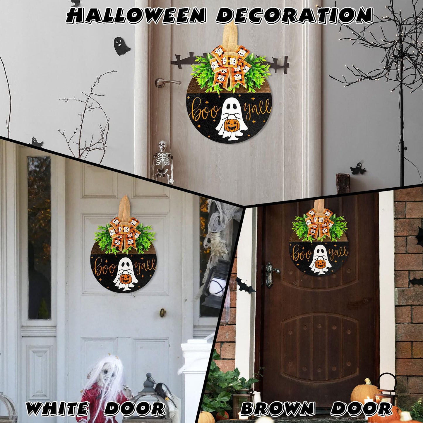 Halloween Wooden Welcome Sign for Front Door Hanging Spooky Ghost Boo Yall Sign with Bow Halloween Wooden Door Hangers Wreath for Farmhouse Home Window Outdoor Wall Party Decoration Supplies