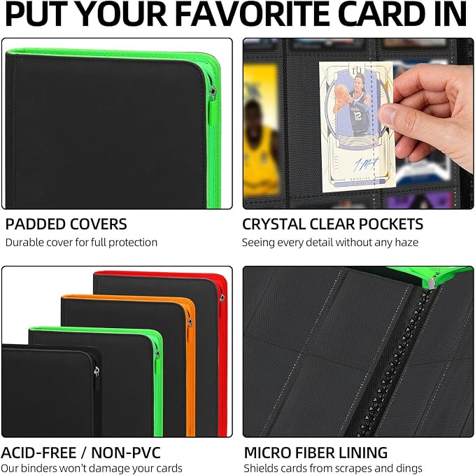 Premium Trading Card Storage Album,9 Pocket 40 Side Pages, 360 Cards,Black Zipper Binder for Collectible Games, Sports Card Organization&Protection (Black Fluorescent Orange Color)