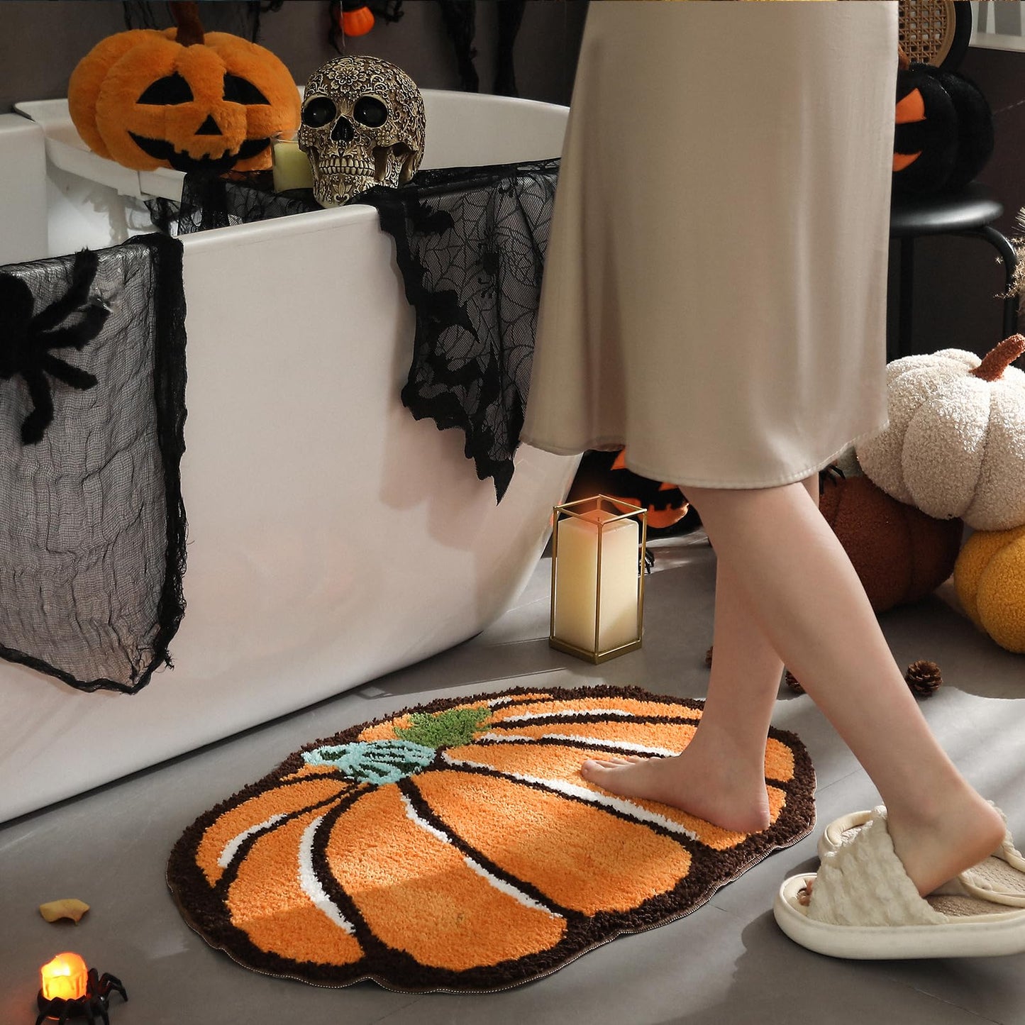 YRXRUS Halloween Pumpkin Bathroom Rugs, Ultra Soft Pumpkin Shaped Bath Mat, Machine Washable Orange Bath Rugs, Living Bedroom Kids for Halloween Room Decor Area Rugs, Large 21 x 30 Inch