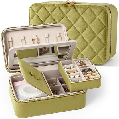Lumayina Velvet Travel Jewelry Box with Large Mirror, Double-Layer Jewelry Organizer Case for Women and Girls, Portable Storage Case with 6 Anti-Tarnish Bags Gift Ready for Her (Avocado Green)