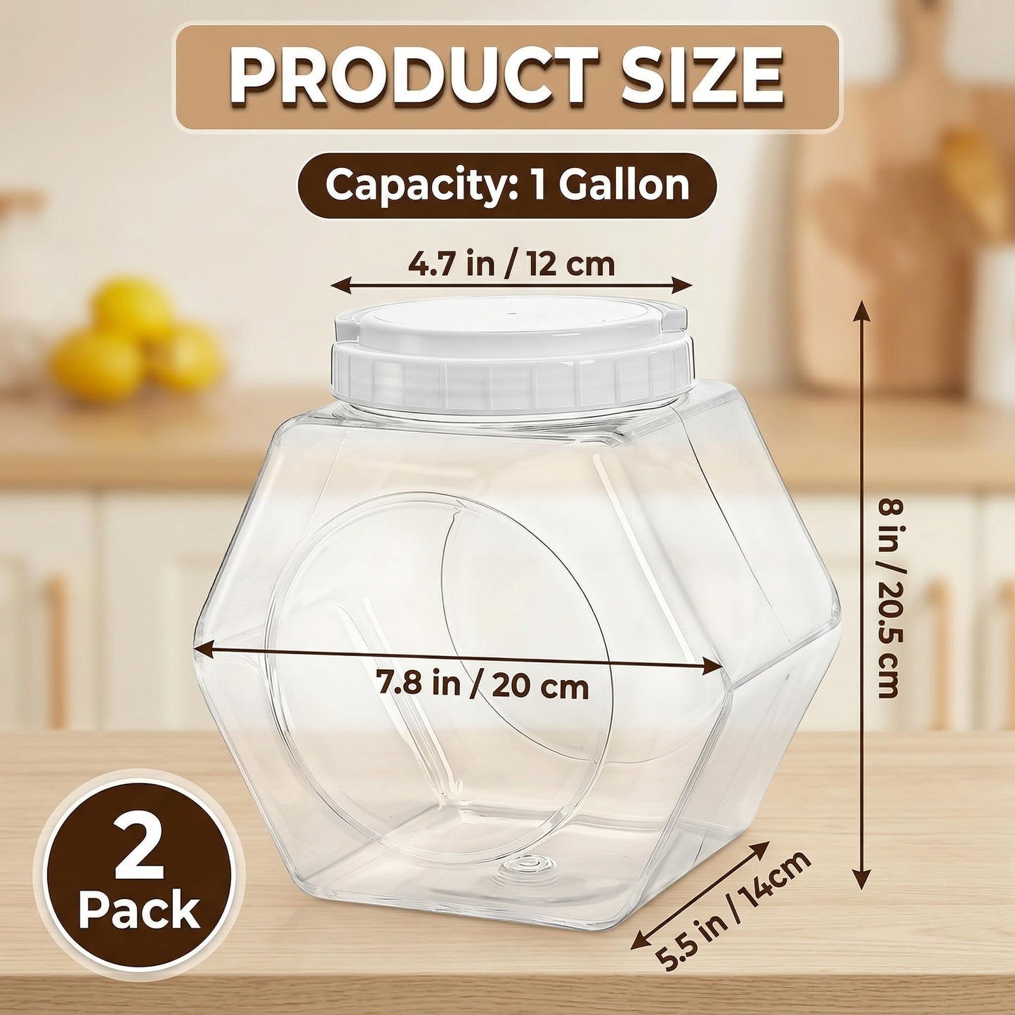 SOUJOY 2 Pack Plastic Candy Jar with Lid, 1 Gallon Cookie Containers for Kitchen Counter, Clear Hexagon Candy Display for Snacks, Dog Treats, Craft and Sewing Supplies, Coffee Pod, Laundry Pod