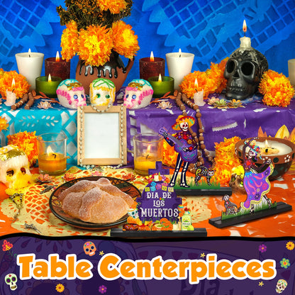 Yerliker 3 Pcs Day of the Dead Table Decorations Mexican Dia De Los Muertos Altar Centerpiece Halloween Sugar Skull Table Topper Wooden Day of the Dead Centerpiece for Halloween Mexican Party Decor