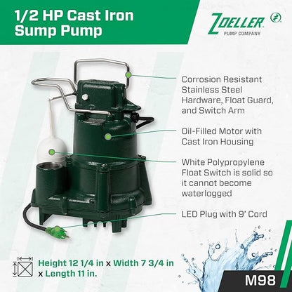 Zoeller M98 Flow-Mate Sump Pump - 1/2 HP - Cast Iron - LED Power Plug - High Flow - Vortex Impeller - Stainless Steel Hardware - Factory Tested and Float Operated - Submersible Sump Pump - 115V