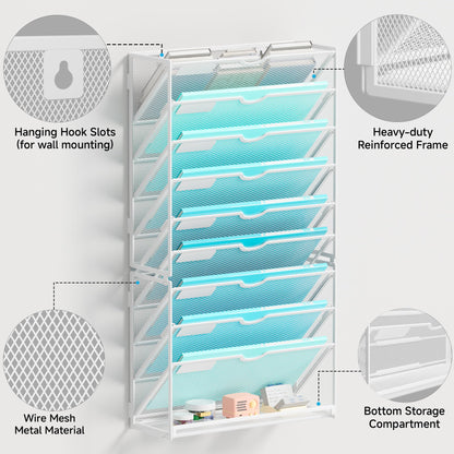 Lavatino 10-Tier Hanging Wall File Folders Organizer - White Metal Mesh Paper Magazine Document Mail Holder File Organizer for Office School Home Wall Mount or Desk Supplies Organization
