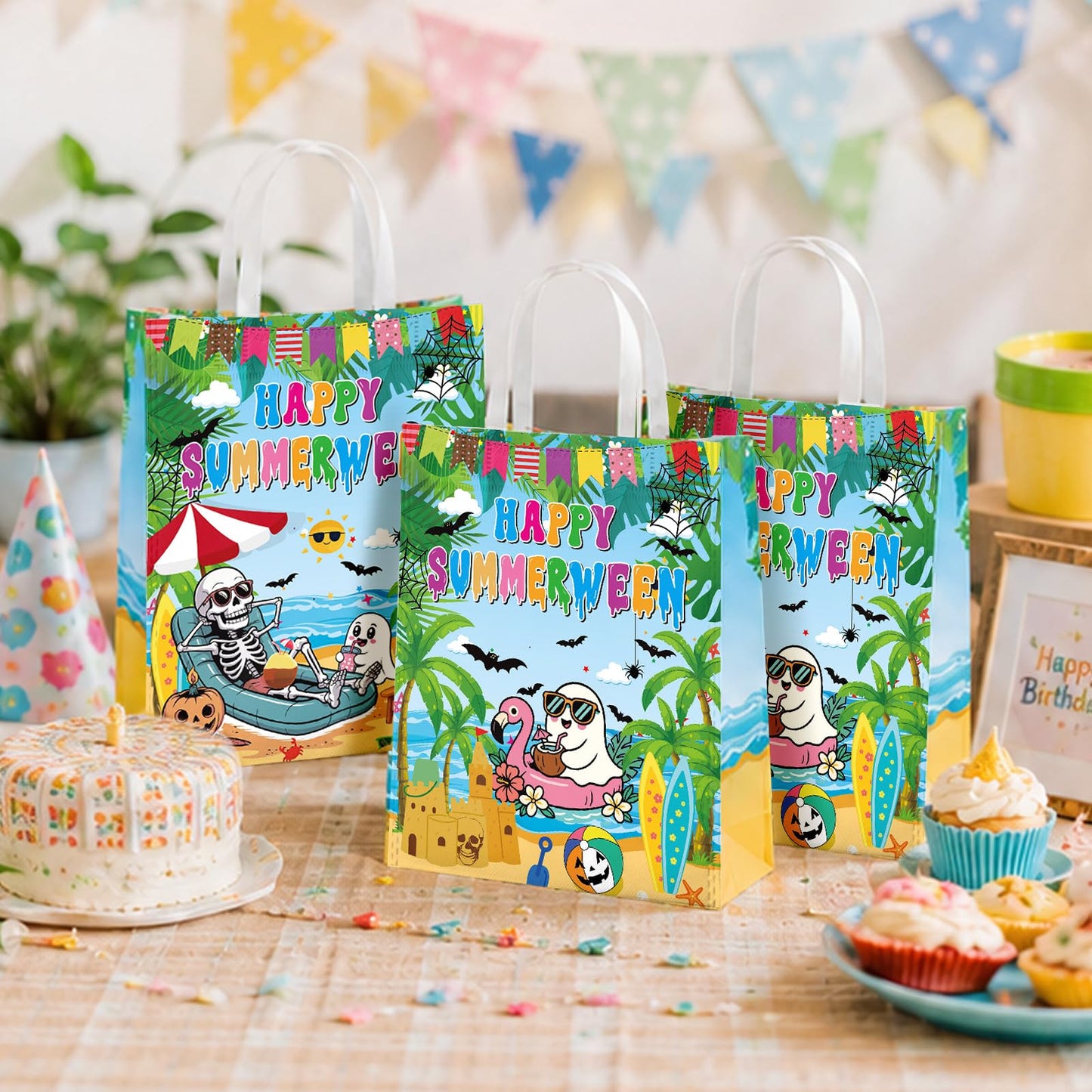 Ertyjikg 20PCS Summerween Gift Bags - Happy Summerween Decorations, Non-Woven Reusable Goodie Favor Bags for Halloween In Summer Party Supplies