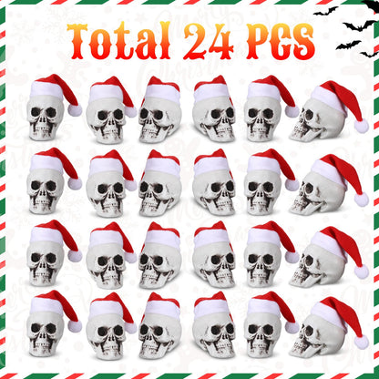 Lenwen 24 Pcs Mini Hanging Skull Heads Santa Hat Halloween Skeleton Head Tree Ornament Decorations for Holiday Party Xmas Tree Decor(3.15 Inch)