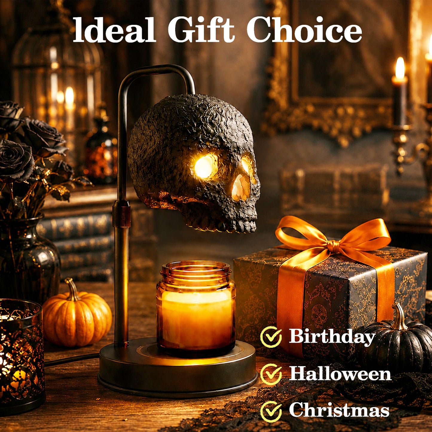 Skull Candle Warmer Lamp with Timer and Dimmer, Gothic Candle Holder Height Adjustable with 2 Light Bulbs,Black Spooky Gothic Home Decor,Halloween Witchy Gifts