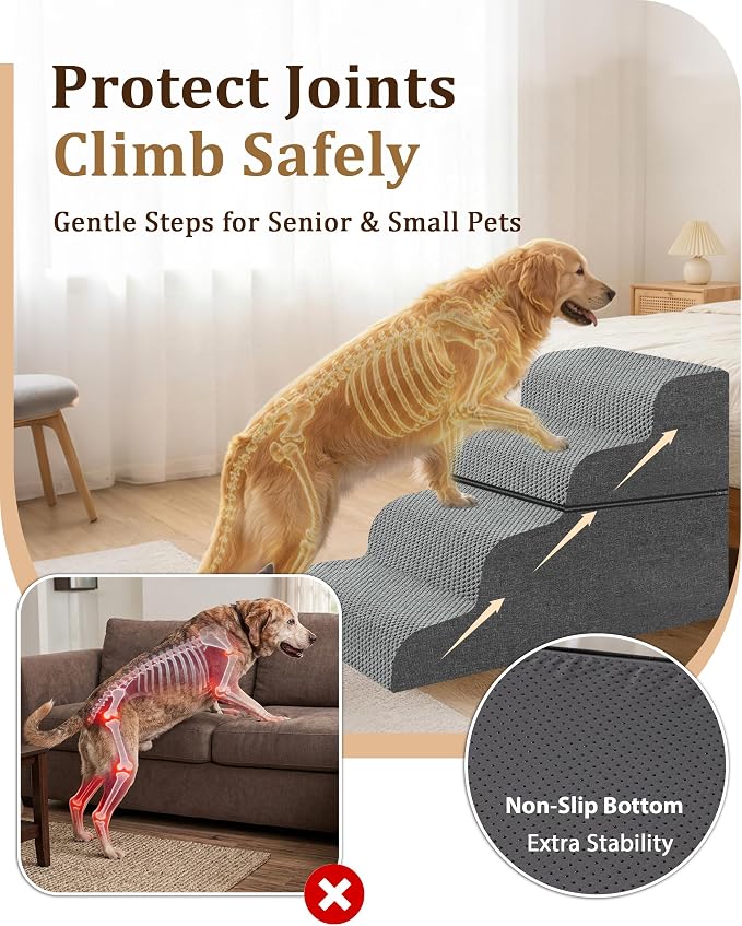 Dog Stairs for Bed, 19" H 4-Step Dog Steps for Window Seat & Loft Couch, Non-Slip Stable Pet Stairs for Small & Senior Dogs, Senior-Friendly Gentle Steps, Foldable Doggy Stairs for Resting