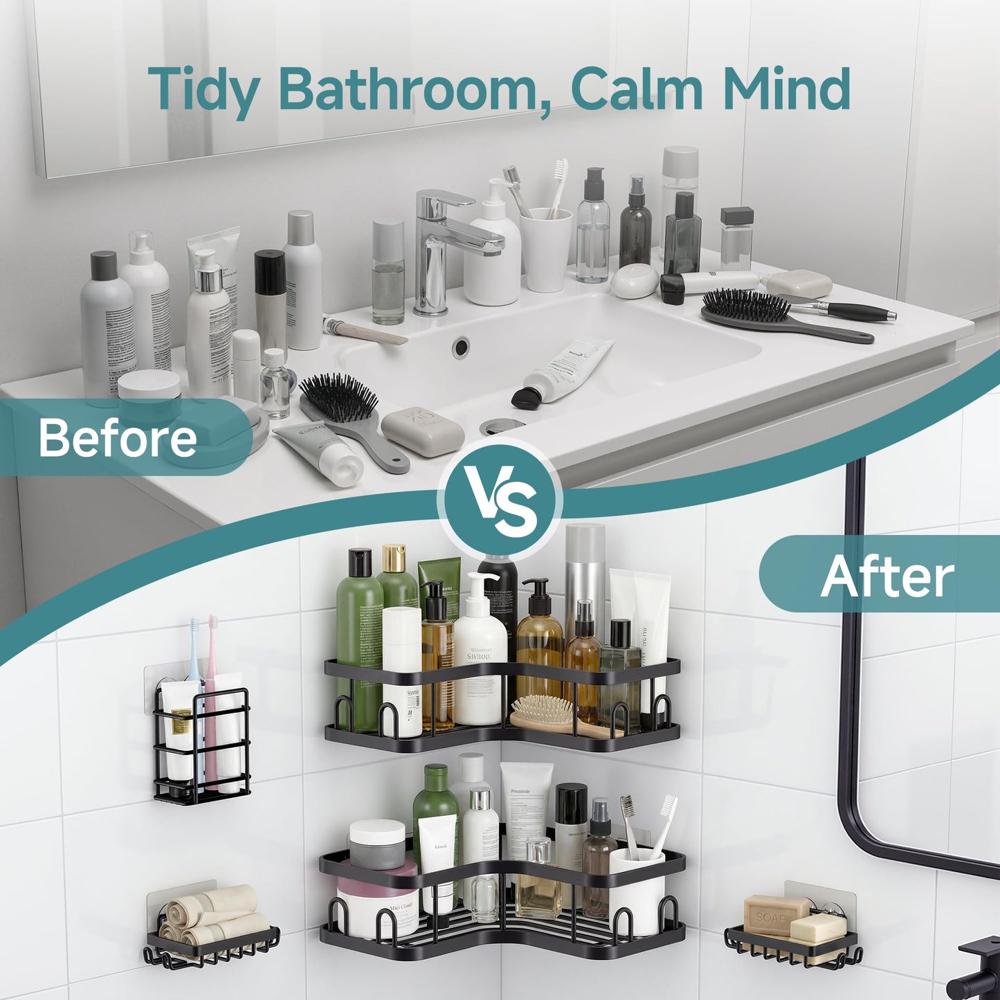 Veken Corner Shower Caddy 5-Pack, Advanced Rustproof Design, No Drilling Adhesive Shelves, Rack with Soap Holder, Large Capacity Bathroom Organizers and Storage, Wall-Mounted Kitchen&Home Decor,Black