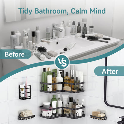 Veken Corner Shower Caddy 5-Pack, Advanced Rustproof Design, No Drilling Adhesive Shelves, Rack with Soap Holder, Large Capacity Bathroom Organizers and Storage, Wall-Mounted Kitchen&Home Decor,Black