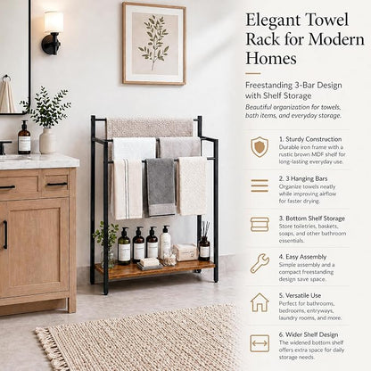 24.8" W Freestanding Towel Rack, 3 Tier Blanket Ladder Stand with Rustic Brown Wooden Shelf for Bathroom Living Room