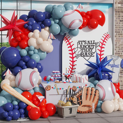 Baseball Balloon Garland Arch Kit,141pcs Red White Deep blue Twilight blue with 3D Baseball bat Star Balloons for Party Supplies