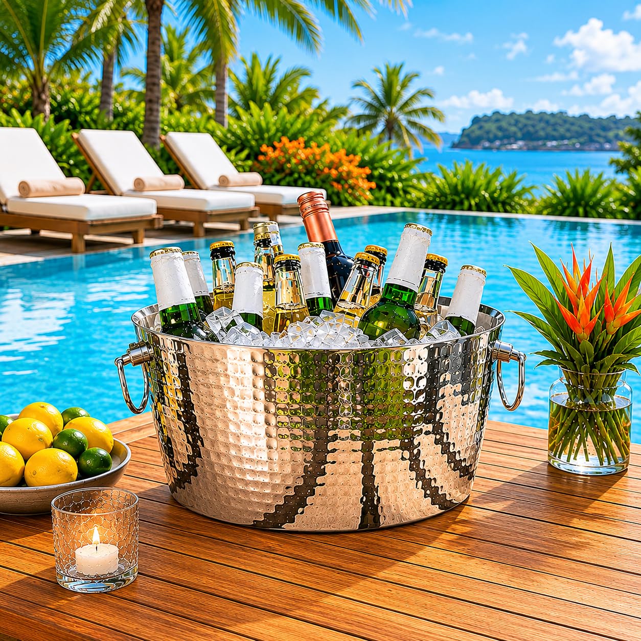 BREKX Hammered Stainless-Steel Beverage Tub, Double-Walled Insulated Anchored Drink Tub & Ice Bucket with Double Hinged Handles, Drink Chiller for Parties, 12 Quarts