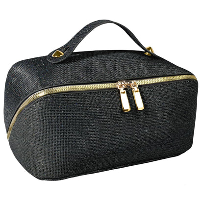 JeeVoya Makeup Bag for Women Large Capacity, Waterproof Travel Cosmetic Bag PU Leather Makeup Organizer with Dividers, Portable Toiletry Bag with Handle (Black)