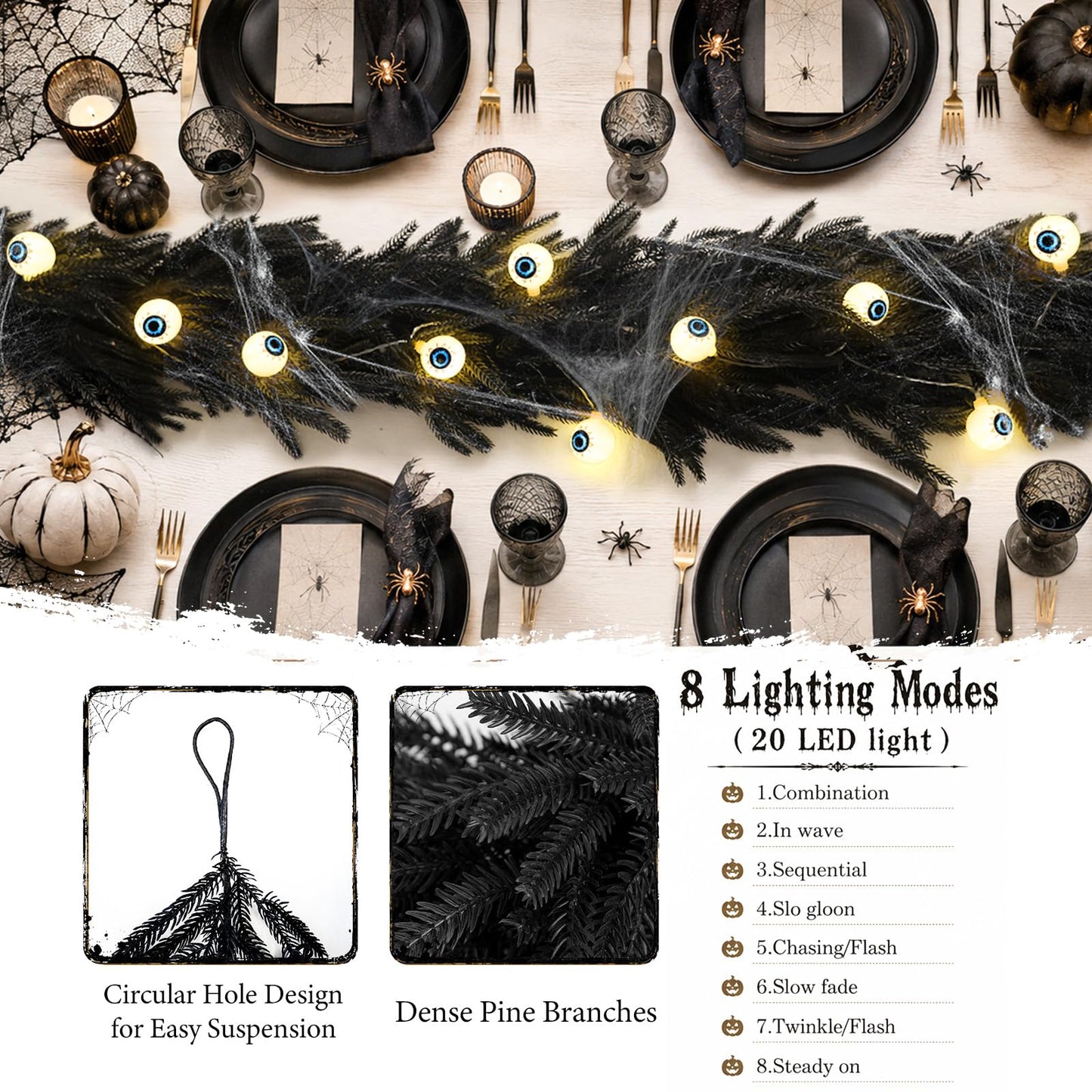 9FT Black Halloween Garland with Eyeball Light String Spider Cotton Spiders