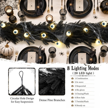 9FT Black Halloween Garland with Eyeball Light String Spider Cotton Spiders