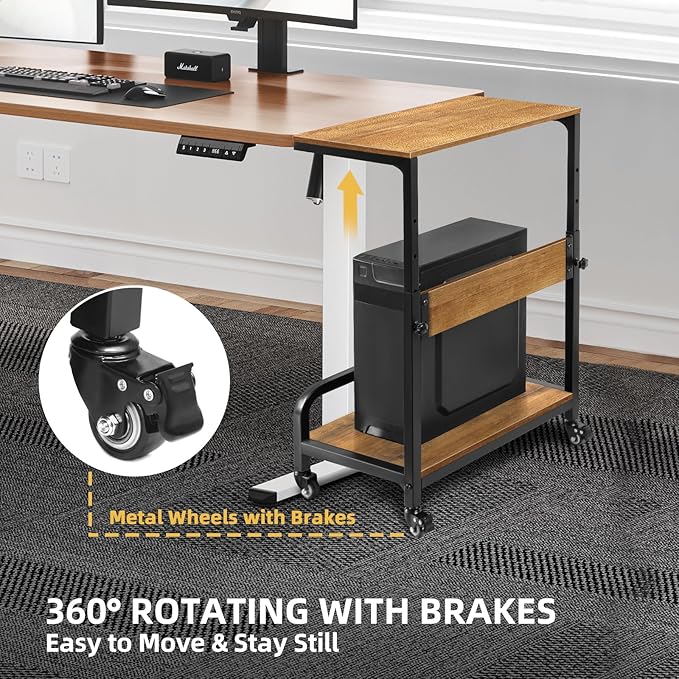 2-Tier Computer Tower Stand Adjustable, Gaming PC Floor Stand Large for ATX, E-ATX, ITX, Rolling PC Tower Cart with Guardrail, Metal Locking Wheels, 32.7" X 21.6" X 15.8",Walnut