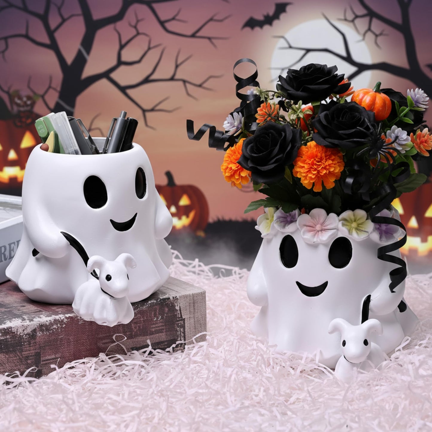 Chunful 2 Pcs Ghost Bucket Decor Halloween Couple Ghost Table Decoration Halloween Candy Bowl Planter Vase Centerpieces for Home Office Shelf