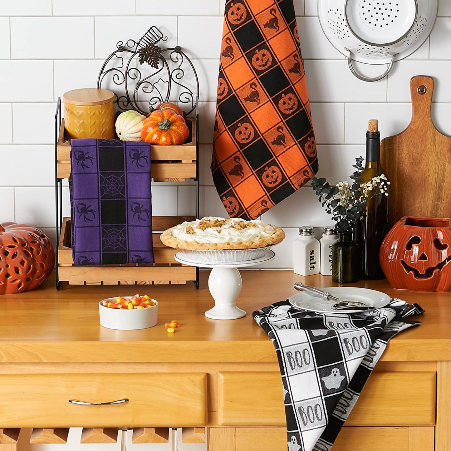 DII Halloween Collection Embellished Dishtowel Set, 18x28, Woven Check 3 Piece