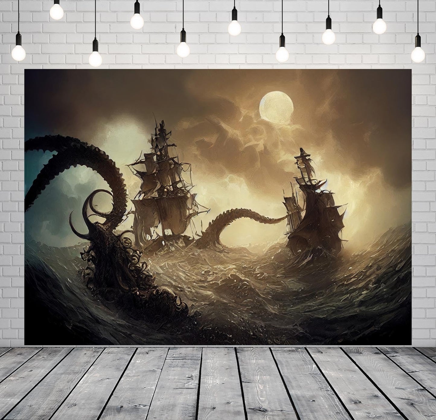 BELECO 7x5ft Fabric Fantasy Pirate Ship Backdrop Full Moon Night Octopus Monster Horror High Seas Nautical Background Pirate Party Decorations Halloween Decor Birthday Shoot Studio Photo Props