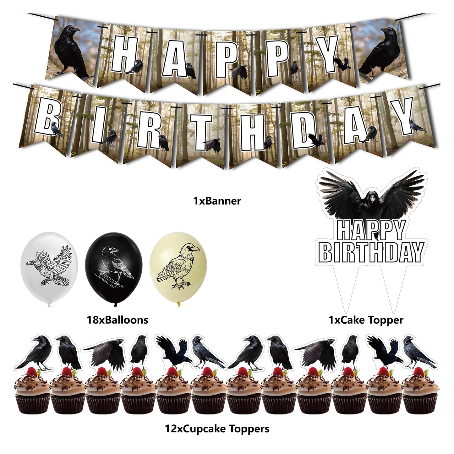 Crow Birthday Party Supplies Black Crow Party Decorations Include HAPPY BIRTHDAY Banner Balloons Cake Topper Cupcake Toppers for Crow Halloween Party Decorations