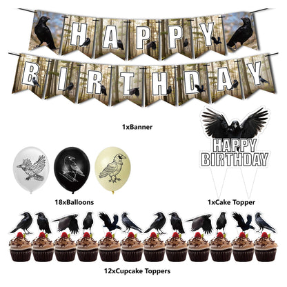 Crow Birthday Party Supplies Black Crow Party Decorations Include HAPPY BIRTHDAY Banner Balloons Cake Topper Cupcake Toppers for Crow Halloween Party Decorations