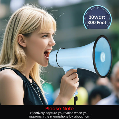 MyMealivos 20W Megaphone Bullhorn, Built in Siren & 240s Recording, 5.4"×8.6" Portable Megaphone with Volume Control Cover Up to 300 feet+ for Indoor and Outdoor Activities(Light Blue)