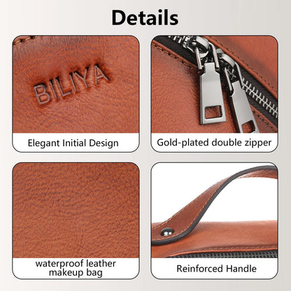 BILIYA Hand Rubbed Genuine Leather Makeup Bag Vintage Brown Cowhide Cosmetic Case with Handle Handmade Travel Organizer for Women