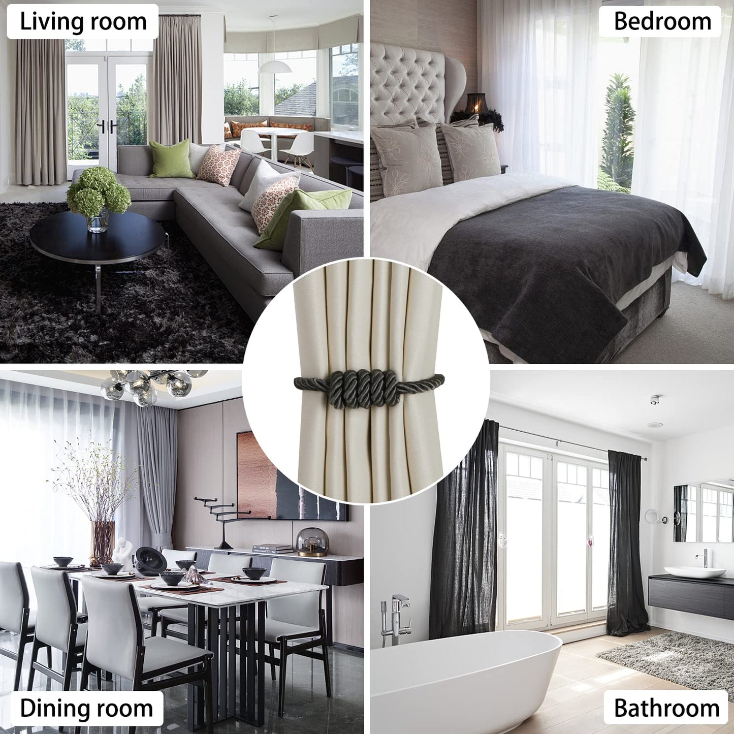 BEL AVENIR Magnetic Curtain Tiebacks, Decorative Drapery Holdbacks Modern Woven Tie-Backs with Exquisite Knot (Charcoal, 4 Pack)