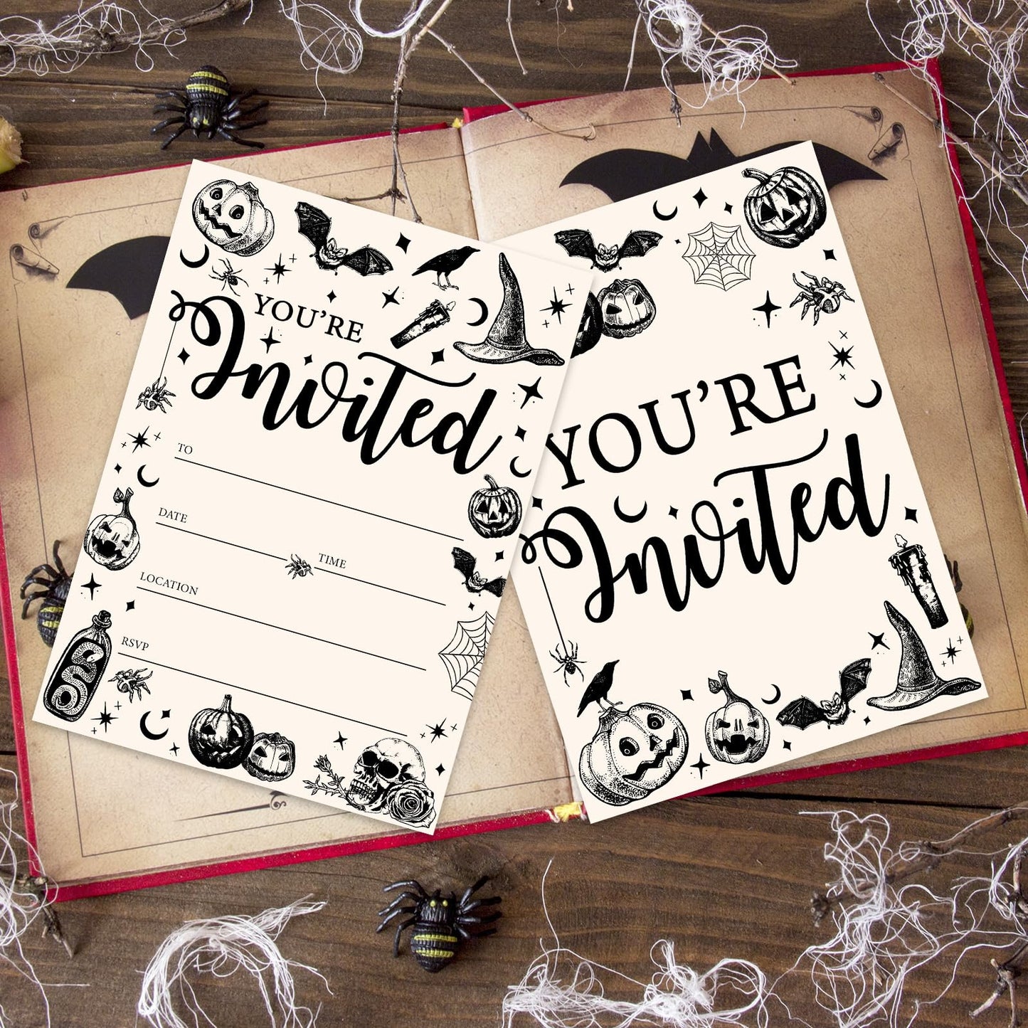 JarThenaAMCS 25 Sets Halloween Party Invitations with Envelopes Stickers Beige Black Pumpkin Skull Spider Invites for Halloween Celebration, 5 x 7 Inch