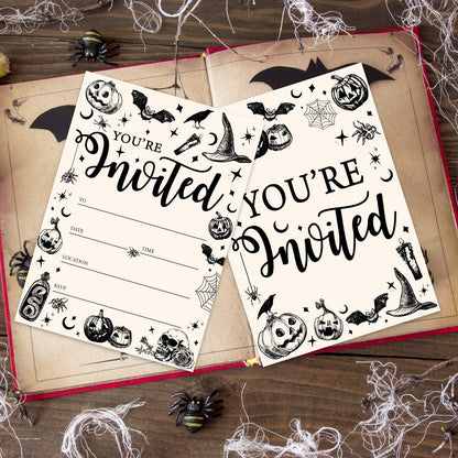 JarThenaAMCS 25 Sets Halloween Party Invitations with Envelopes Stickers Beige Black Pumpkin Skull Spider Invites for Halloween Celebration, 5 x 7 Inch
