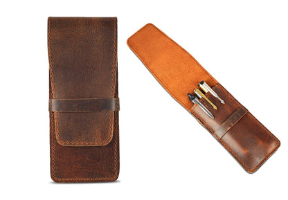 TheAntiq Leather Pen Holder, Genuine 3 Pen Case with Tuck-in Flap, Brown Leather Case for Fountain, Ballpoint & Rollerball Pens, Travel Organizer, Luxury Executive Pen Storage Sleeve (3 Pen, Brown)