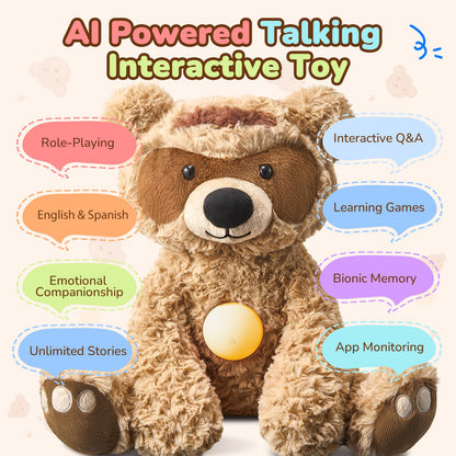 AI Talking Interactive Plush Toy Figure, ChatGPT Smart Storytelling Singing Teddy Bear Gift AI Stuffed Animals English Spanish, Educational Emotional Companion, Real-Time Voice AI Toys for Kids Age 3+