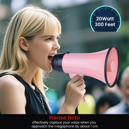 MyMealivos 20W Megaphone Bullhorn, Built in Siren & 240s Recording, 5.4"×8.6" Portable Megaphone with Volume Control Cover Up to 300 feet+ for Indoor and Outdoor Activities(Pink)