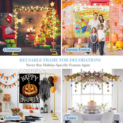 8.2FT Square Wedding Arch Backdrop Stand,Balloon Arch Stand, Metal Gold Backdrop Adjustable Stand Heavy Duty, Extra 2 Clamps Change Over The Table Rod Stand for Party Decoration,Garden Trellis Frame